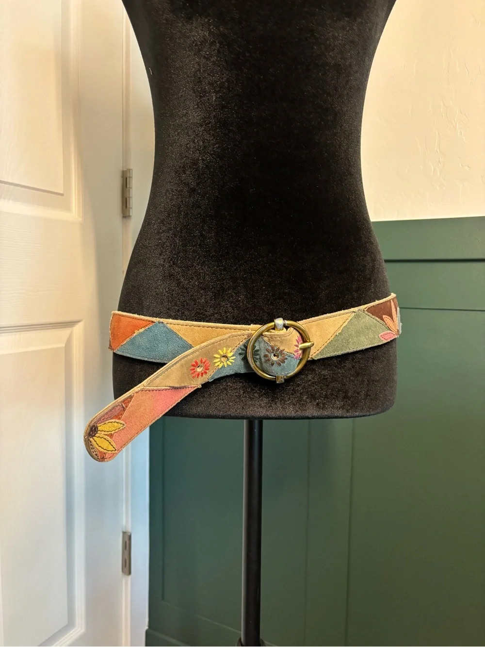 Lucky Brand Patchwork Suede Leather Belt Floral Boho Festival Western 32